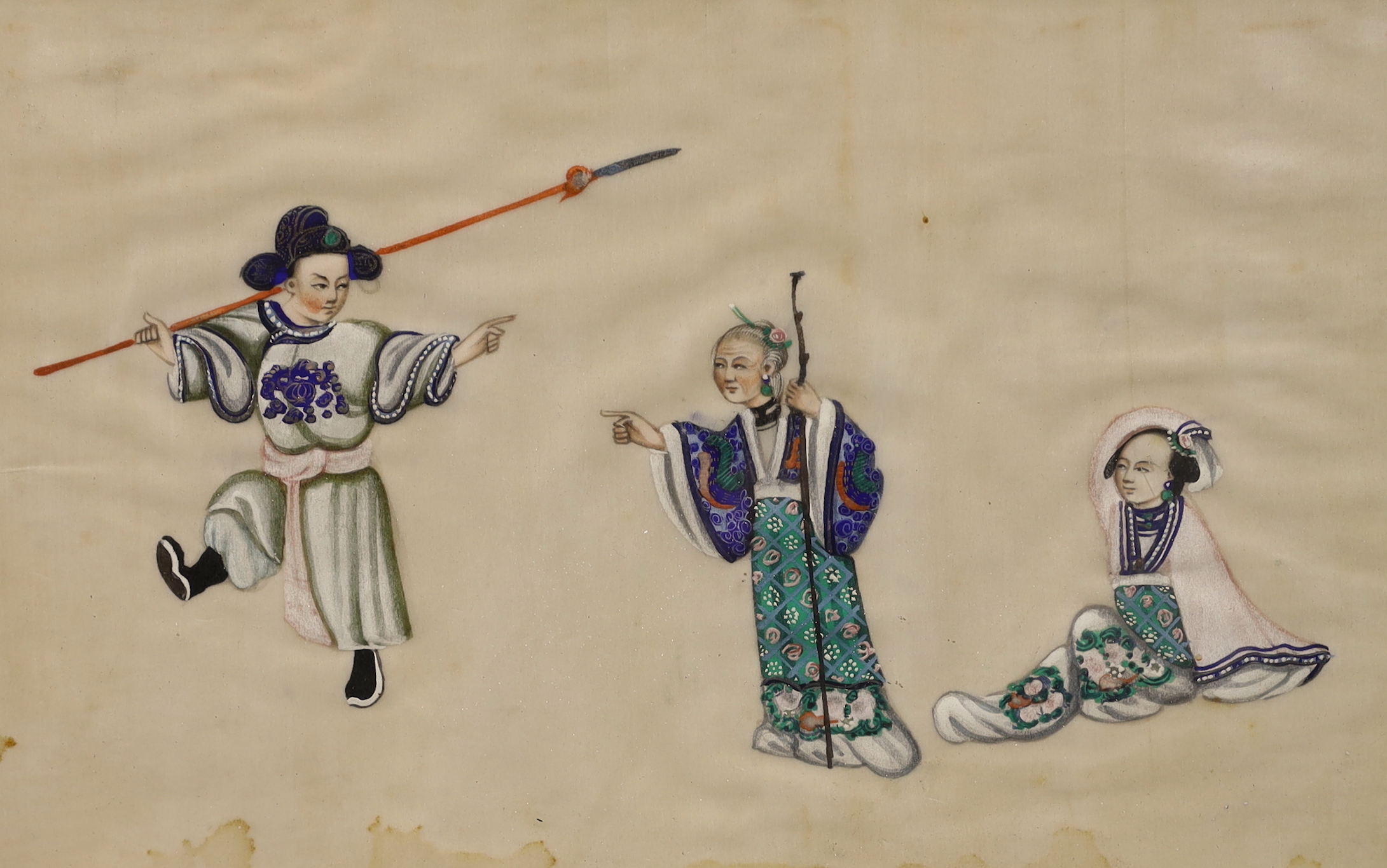 Chinese School, set of four pith paper paintings, Figures and attendants, 17 x 27cm